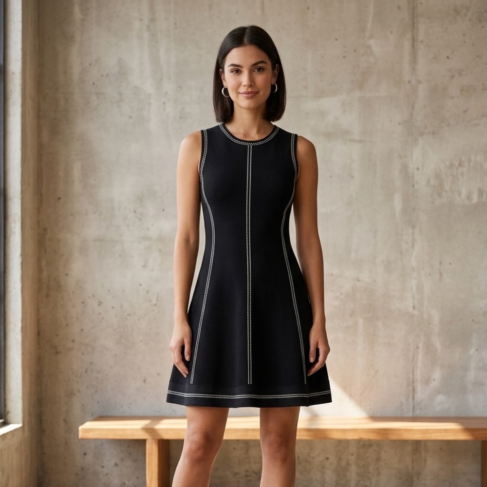 PINK TARTAN Black Sleeveless Dress with Contrast Stitching